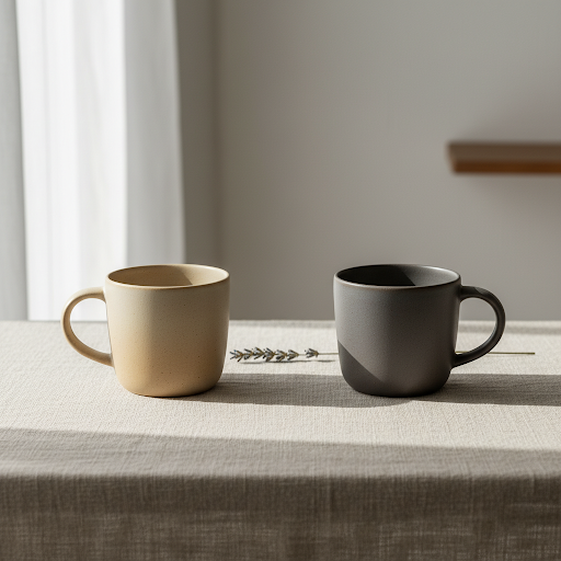 Two ceramic coffee mugs on linen tablecloth