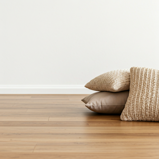 Calm studio with soft pillows and natural wood textures